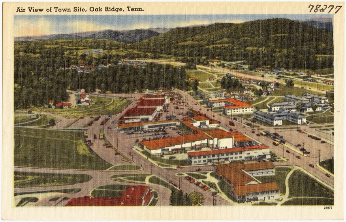 Vintage postcard air view of the Oak Ridge, Tennessee town site