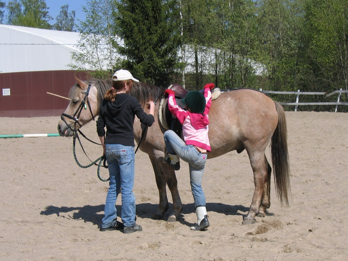 A young rider learning to mount a pony with an instructor